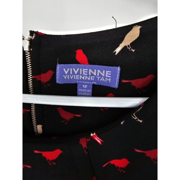 Vivienne Tam Size 12 Dress Black Red Bird Print 3/4 Sleeve Shift - Picture 3 of 5